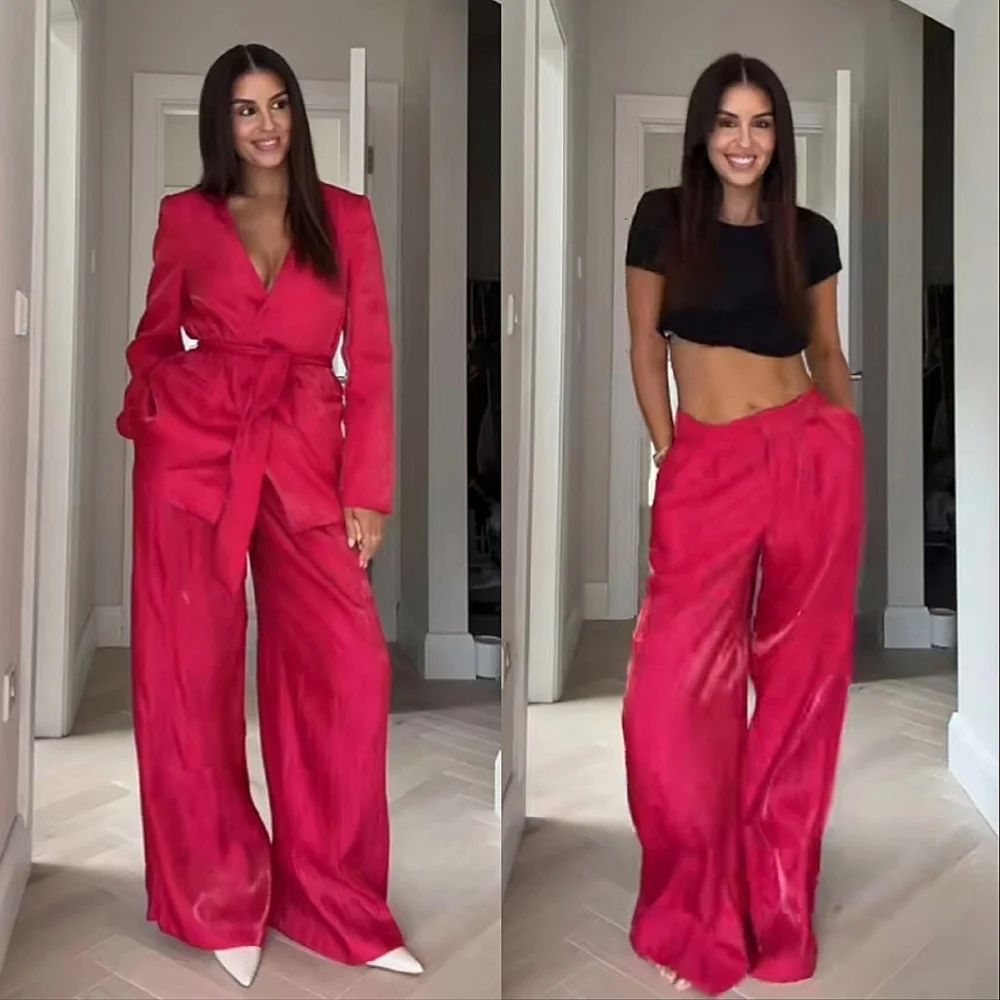 Zara Set 2 pc Wide Leg Satin Pants and Belted Blazer Pink  Size  S and M